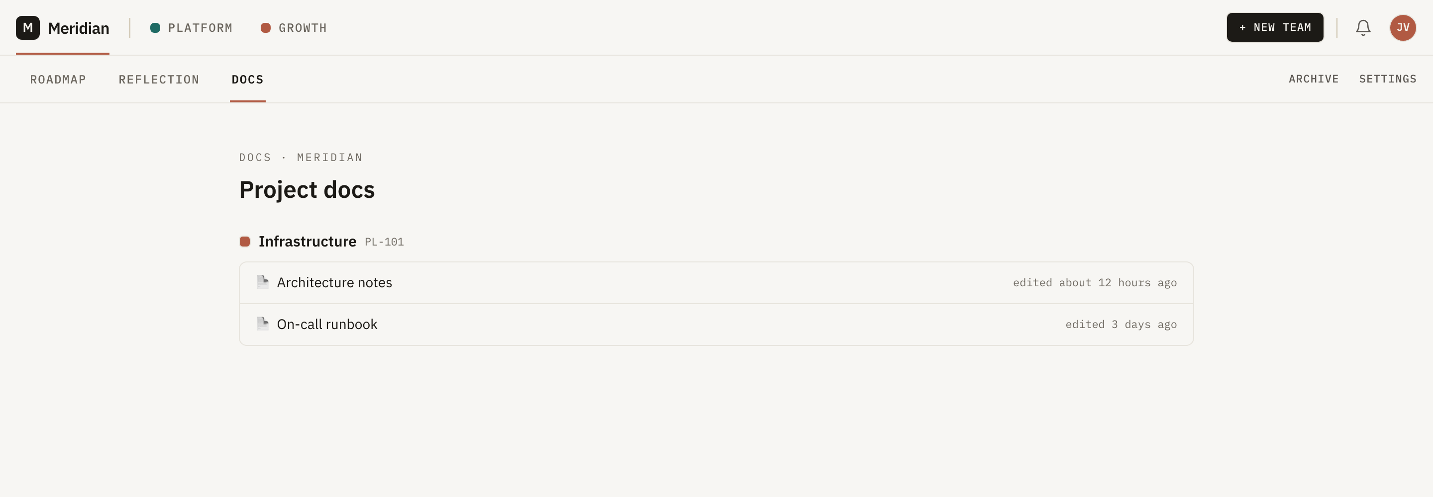 Jogg Docs: markdown pages organized one level deep, attached to a project.