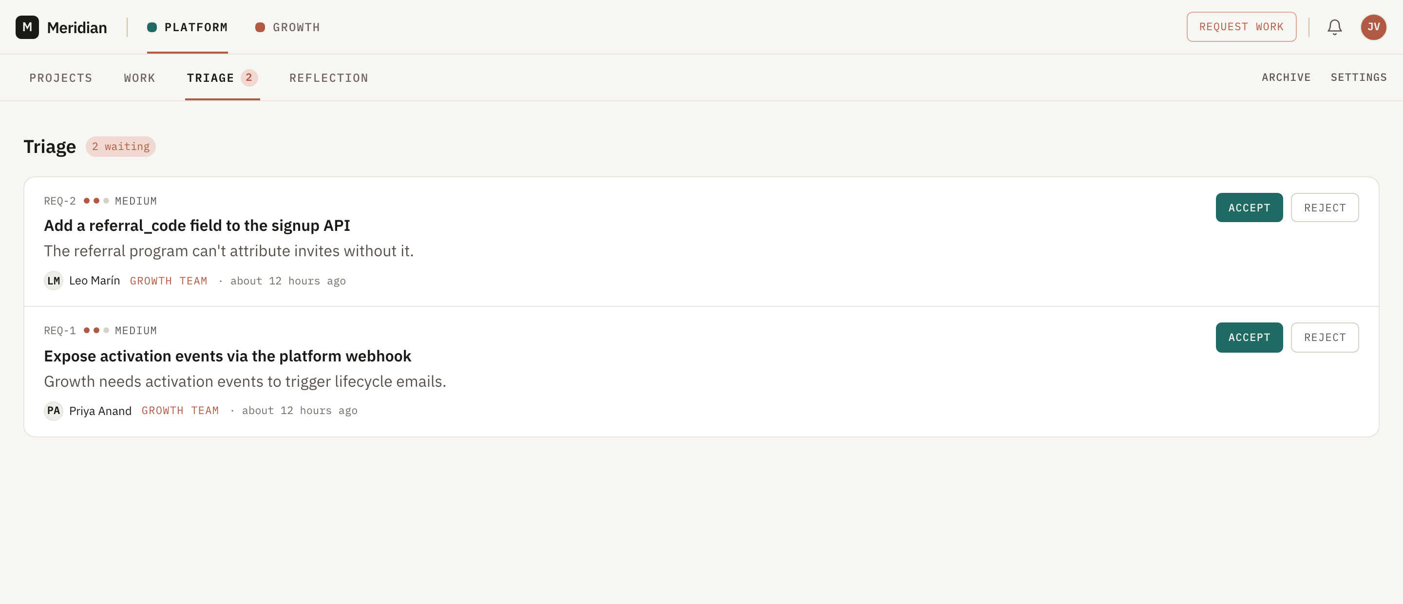 The Jogg Triage inbox: incoming work requests with Accept and Reject actions.